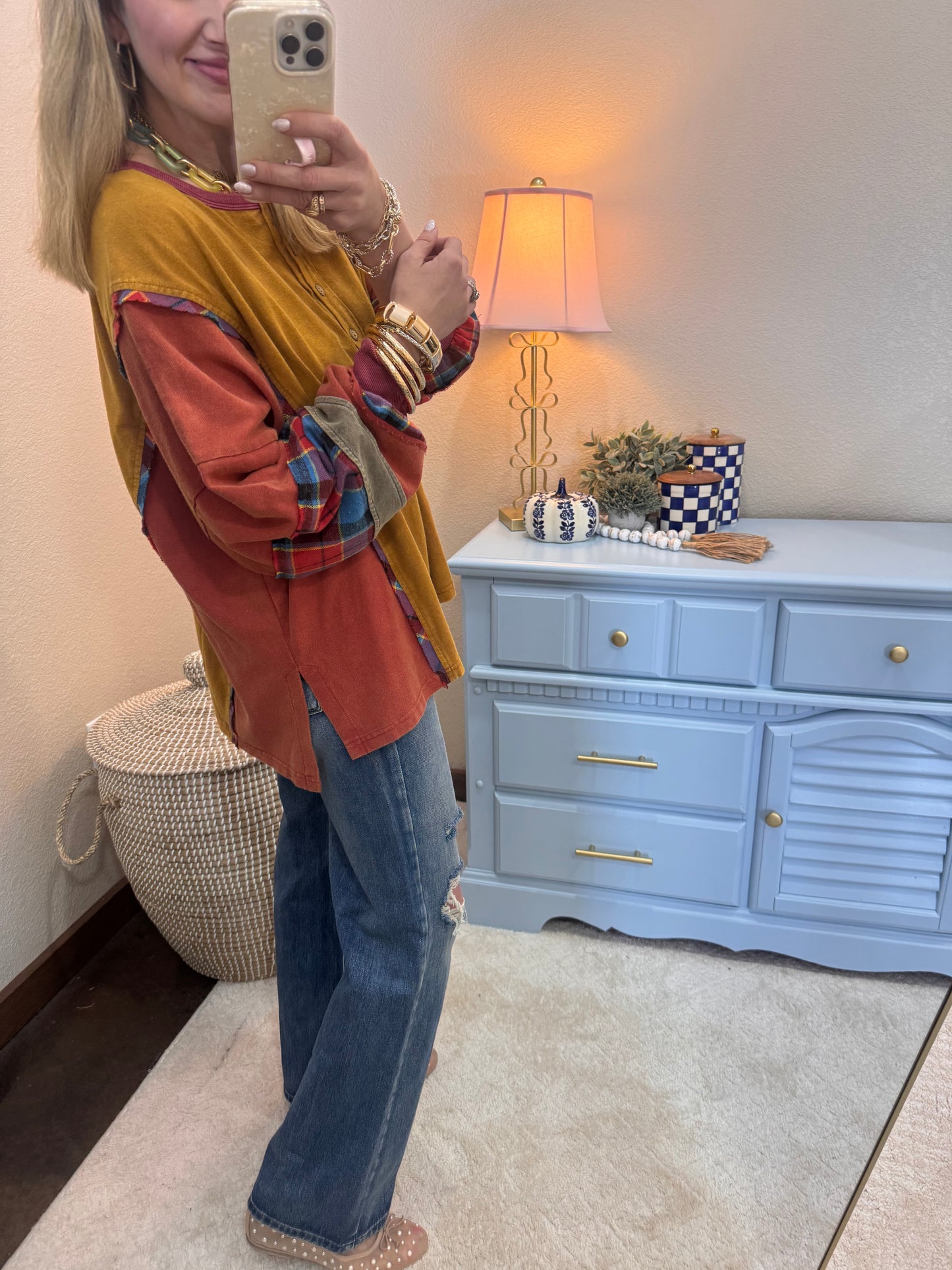 Camel Button Front Mix Color Top
