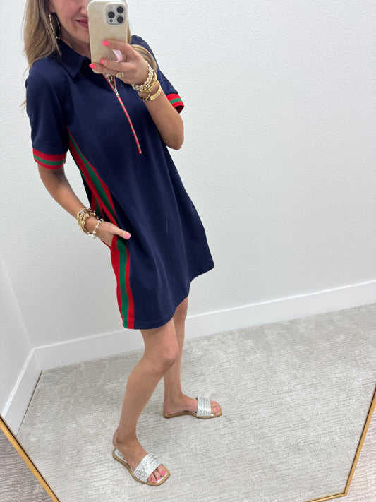 Navy Dress with Red/Green Stripe Side Detail