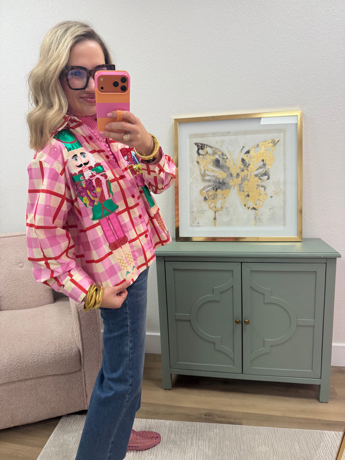 Queen Pink & Red Metallic Nutcracker Button Up Shirt