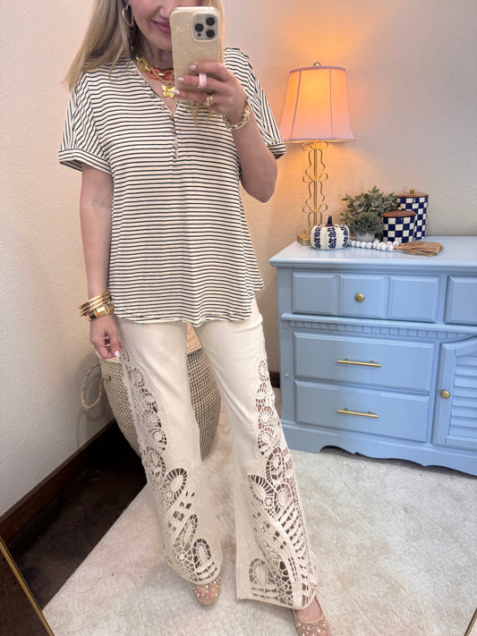 Black & Cream Striped Casual Knit Top