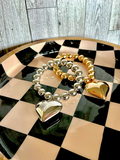 Chunky Heart Bead Bracelet (Silver and gold)
