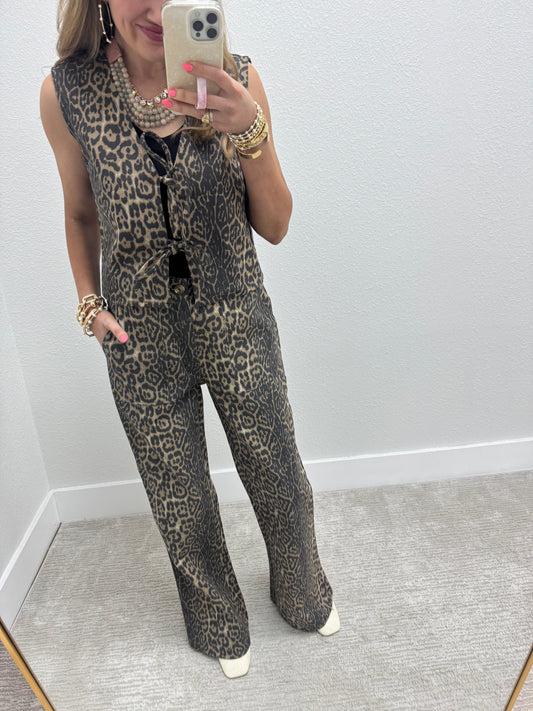 Denim Leopard Tie vest & Pants Two Piece Set