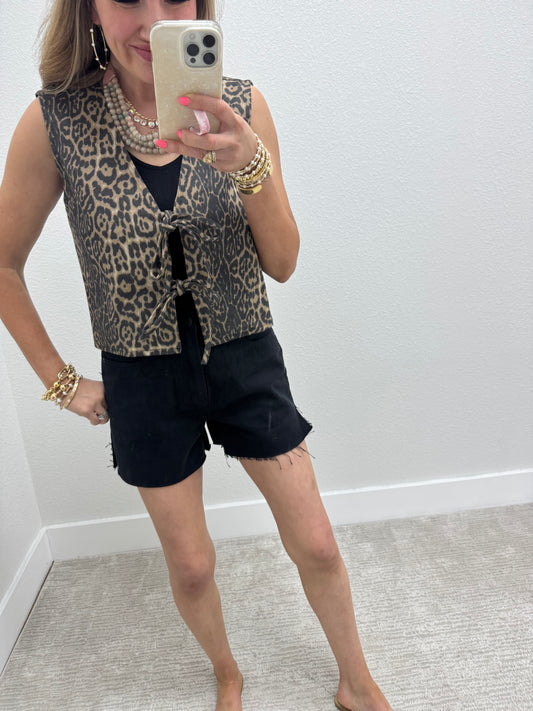 Denim Leopard Print Tie Front Vest