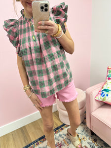 Pink and Green Plaid Printed Top