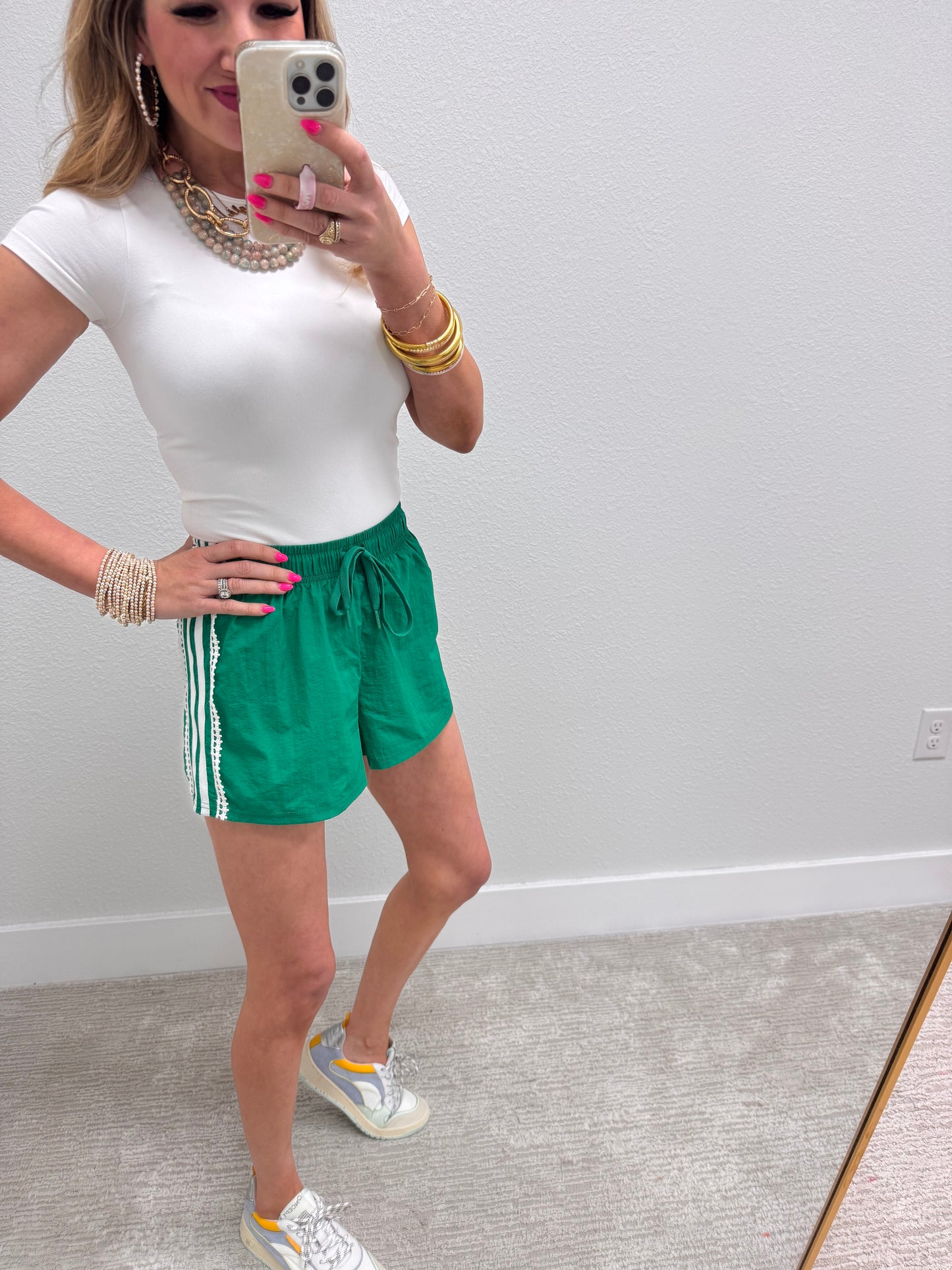 Kelly Green and White Lace Stripe Side Short