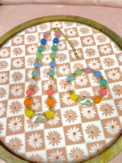 Colored Sea Glass Bead Necklace with Freshwater Pearl
