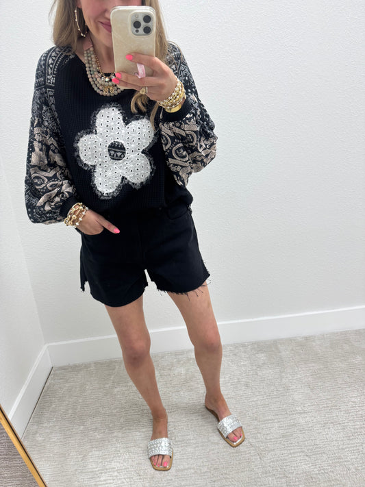 Black Flower Multi Detail Balloon Long Sleeve Top