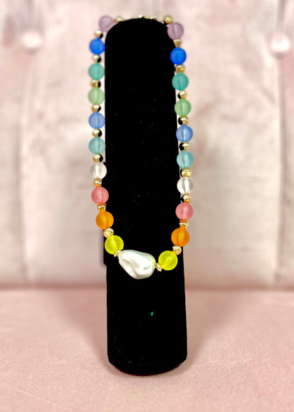 Colored Sea Glass Bead Necklace with Freshwater Pearl