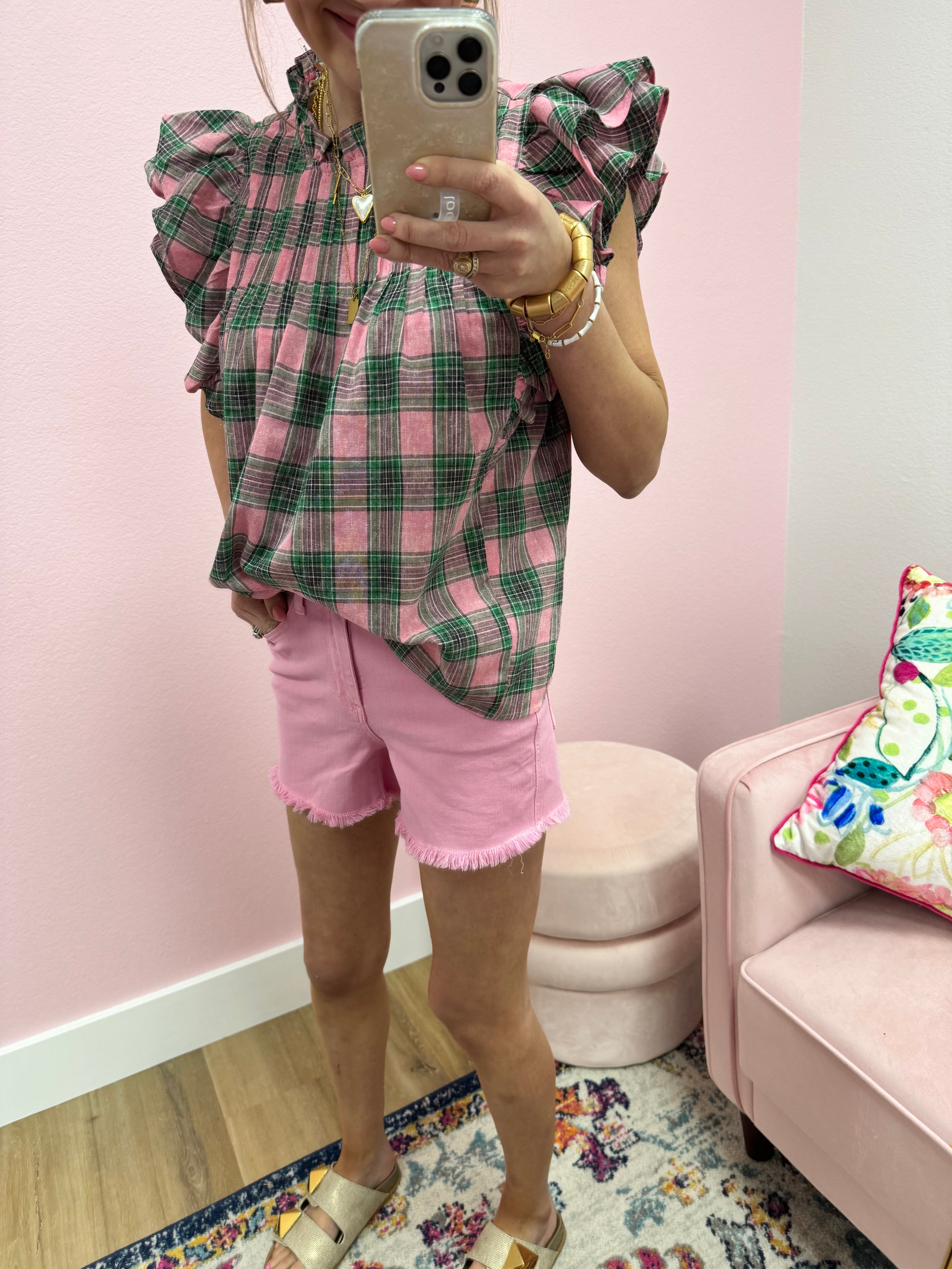 Pink and Green Plaid Printed Top