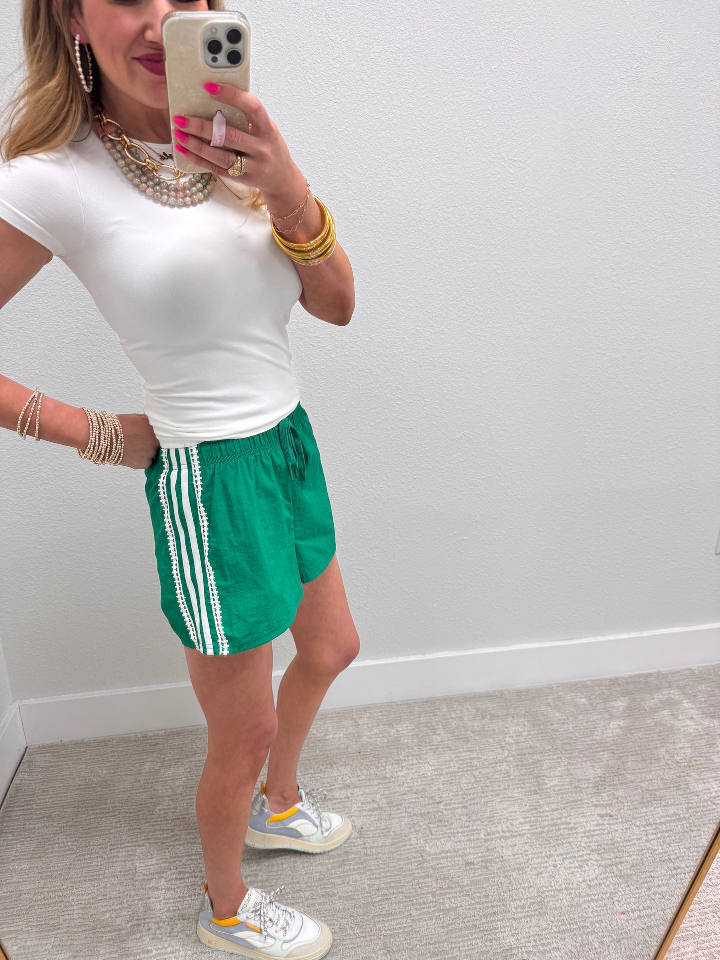 Kelly Green and White Lace Stripe Side Short