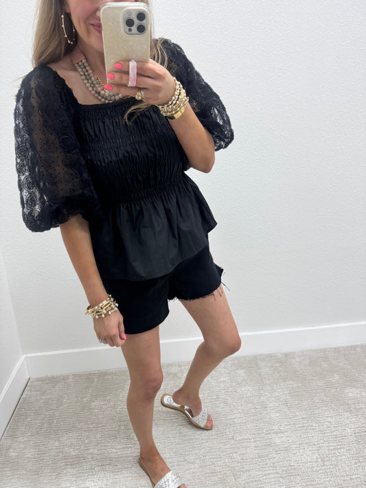 Black Smocked Shirt with Bubble Sleeve