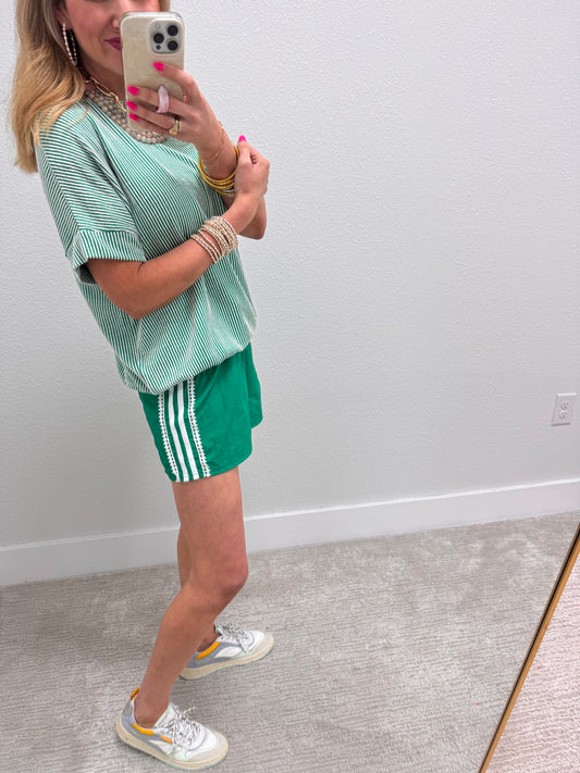 Kelly Green and White Lace Stripe Side Short
