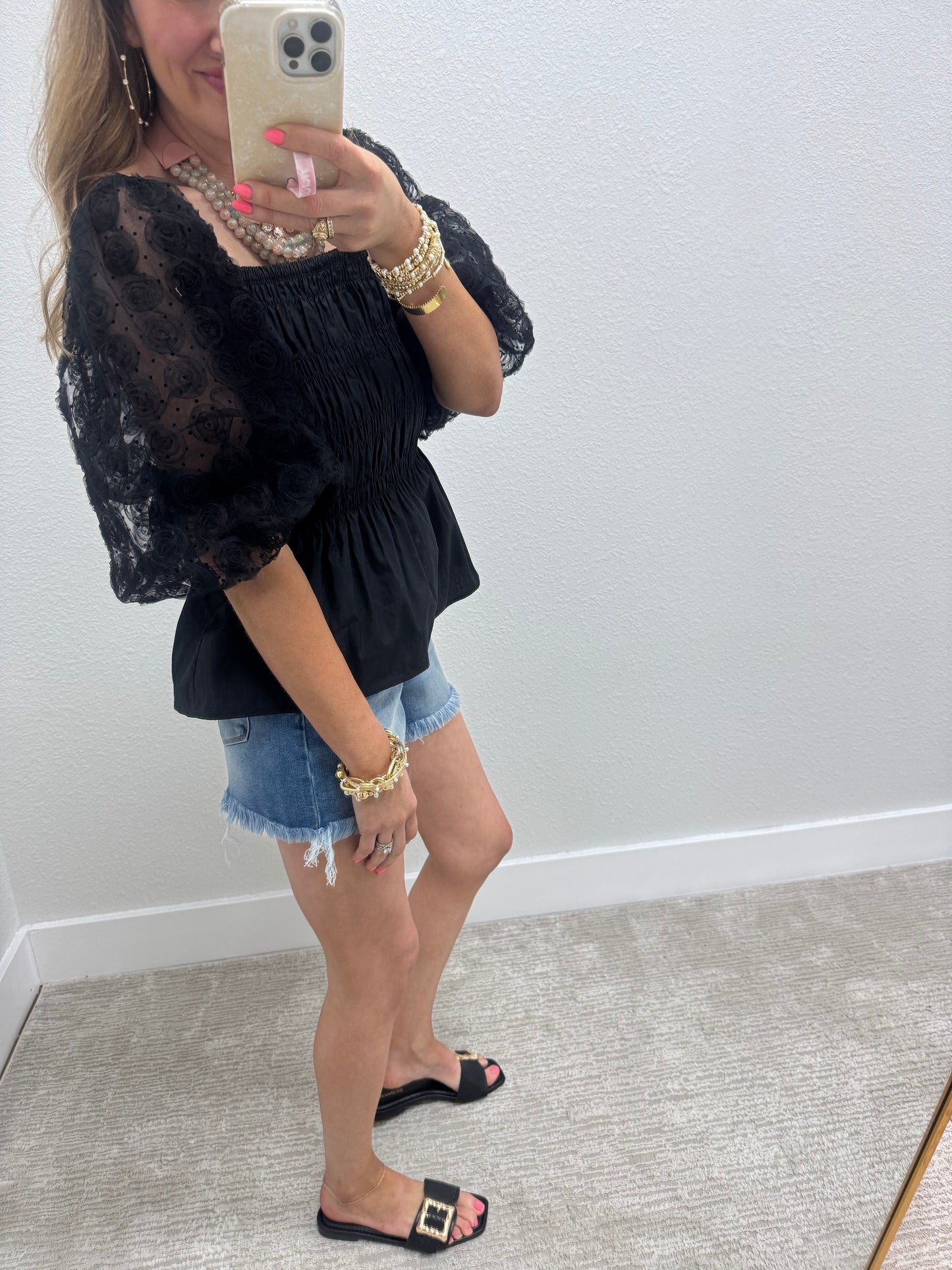 Black Smocked Shirt with Bubble Sleeve