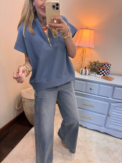 Dusty Blue Scuba Ribbed 1/2 Zip High Neck Top