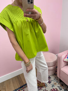 Lime Pleated Short Sleeve Top
