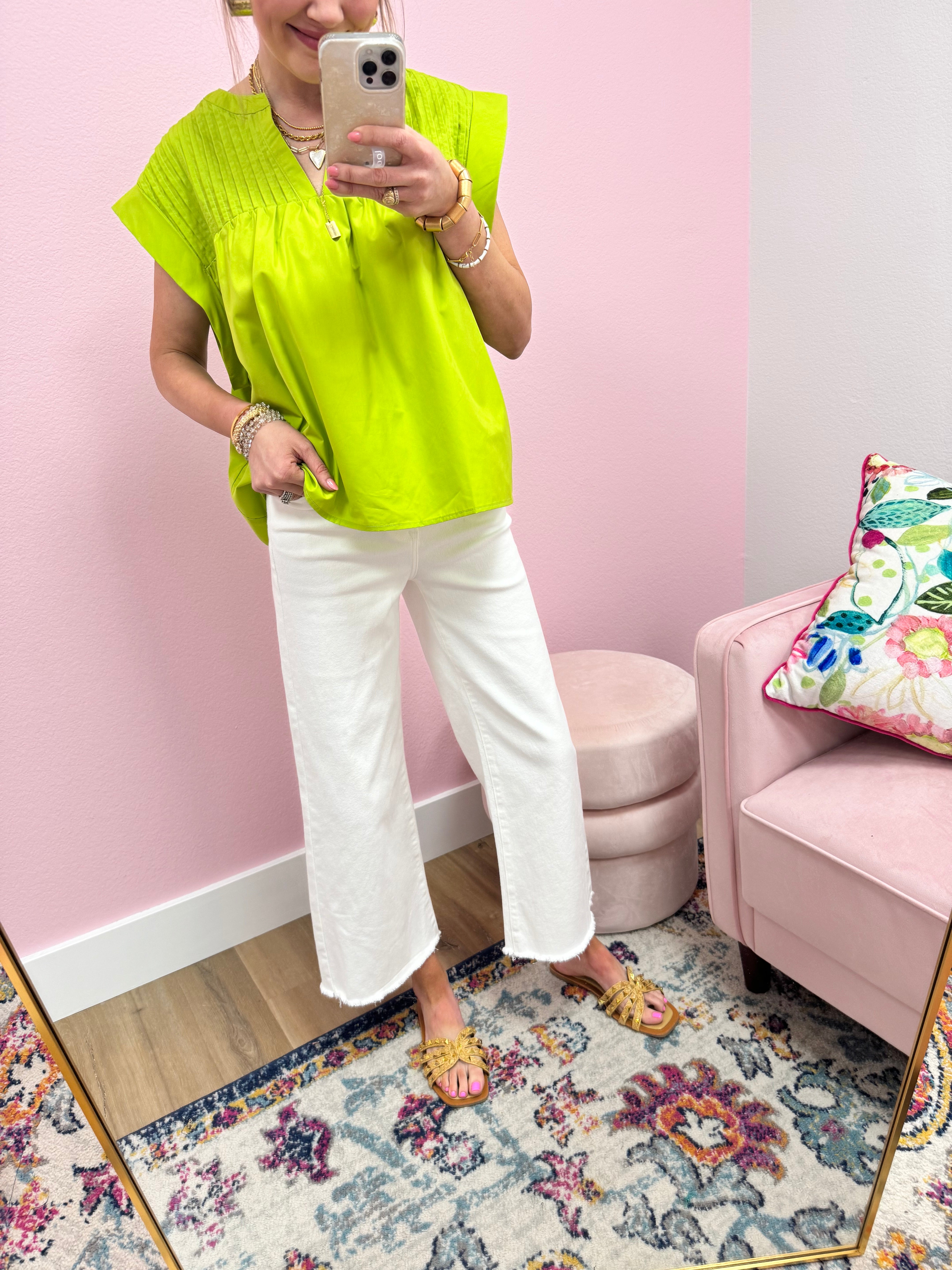 Lime Pleated Short Sleeve Top
