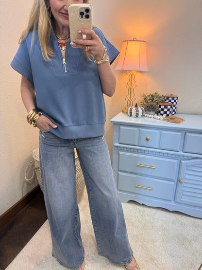 Dusty Blue Scuba Ribbed 1/2 Zip High Neck Top