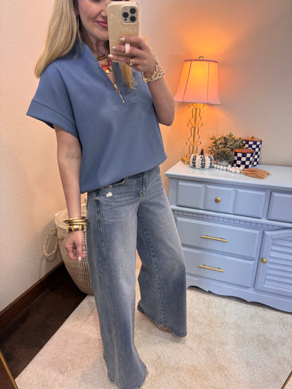 Dusty Blue Scuba Ribbed 1/2 Zip High Neck Top