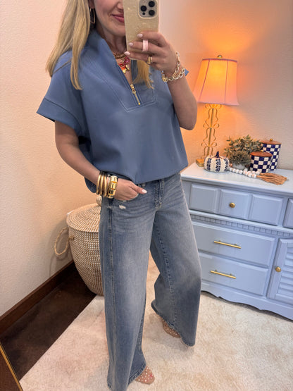 Dusty Blue Scuba Ribbed 1/2 Zip High Neck Top