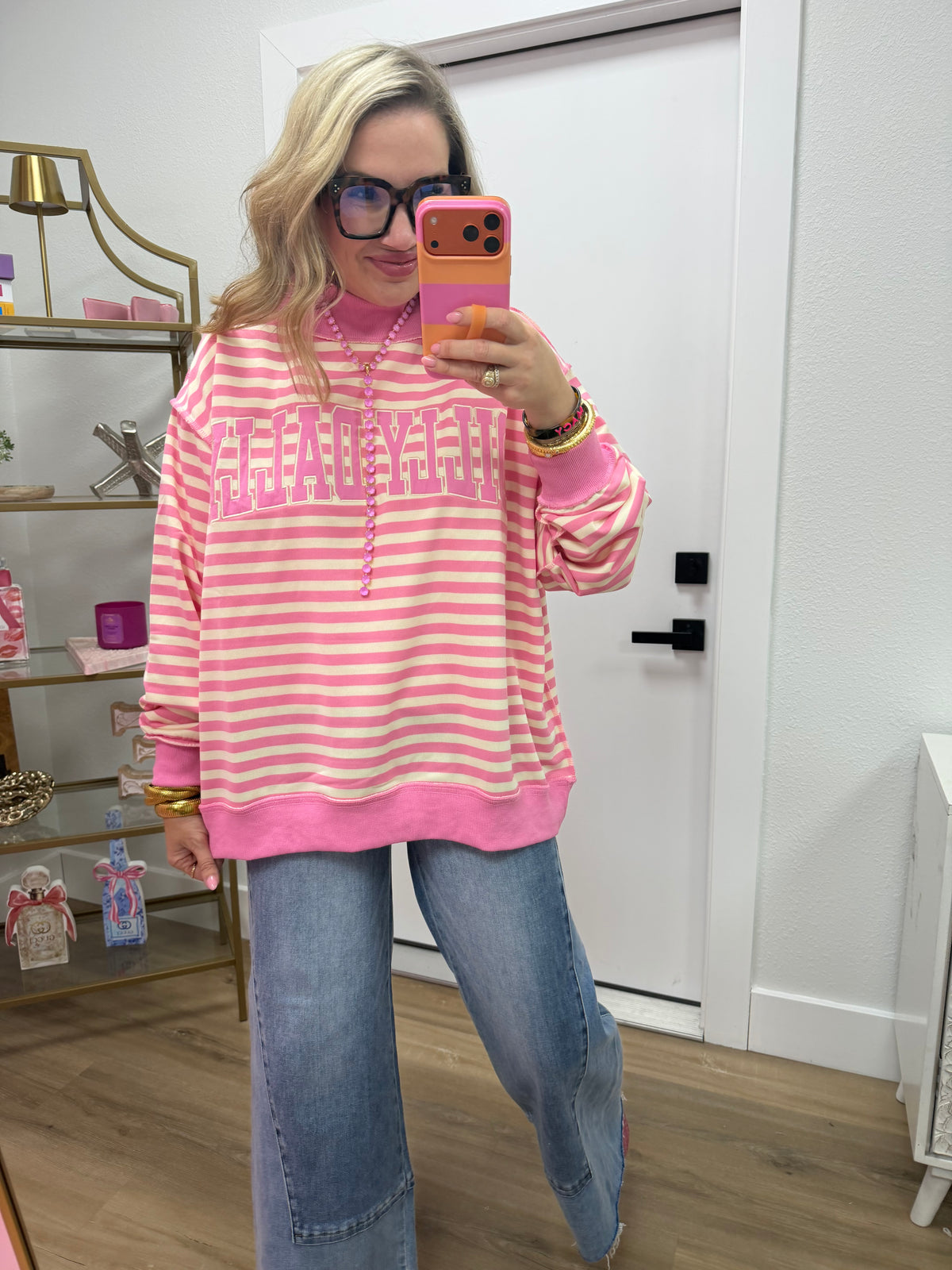 Pink Striped Dilly Dally Embroidered Mock Neck Sweatshirt