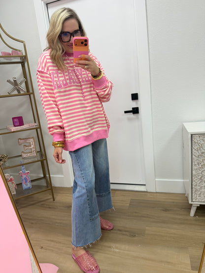 Pink Striped Dilly Dally Embroidered Mock Neck Sweatshirt