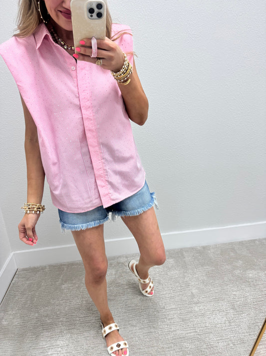 Pink and Stripe Embellished Shoulder Pad Top
