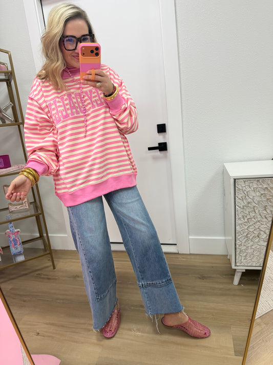 Pink Striped Dilly Dally Embroidered Mock Neck Sweatshirt