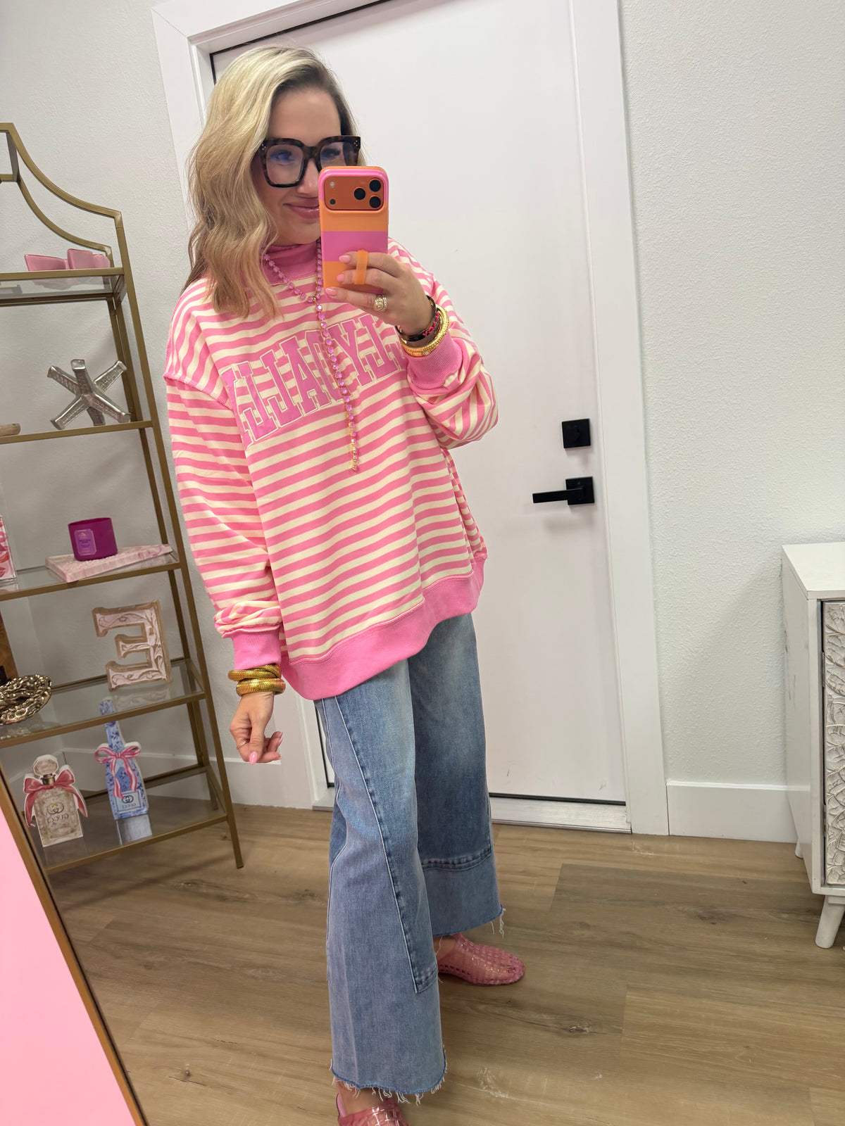 Pink Striped Dilly Dally Embroidered Mock Neck Sweatshirt