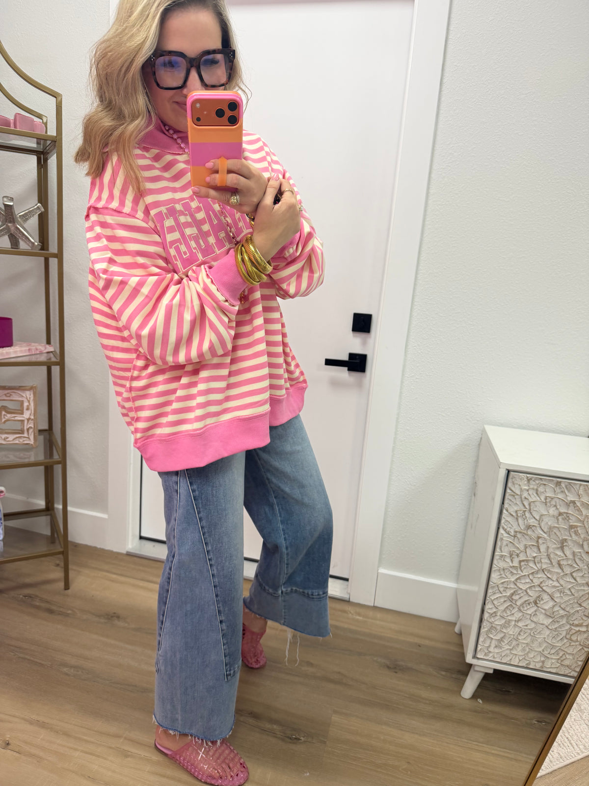 Pink Striped Dilly Dally Embroidered Mock Neck Sweatshirt
