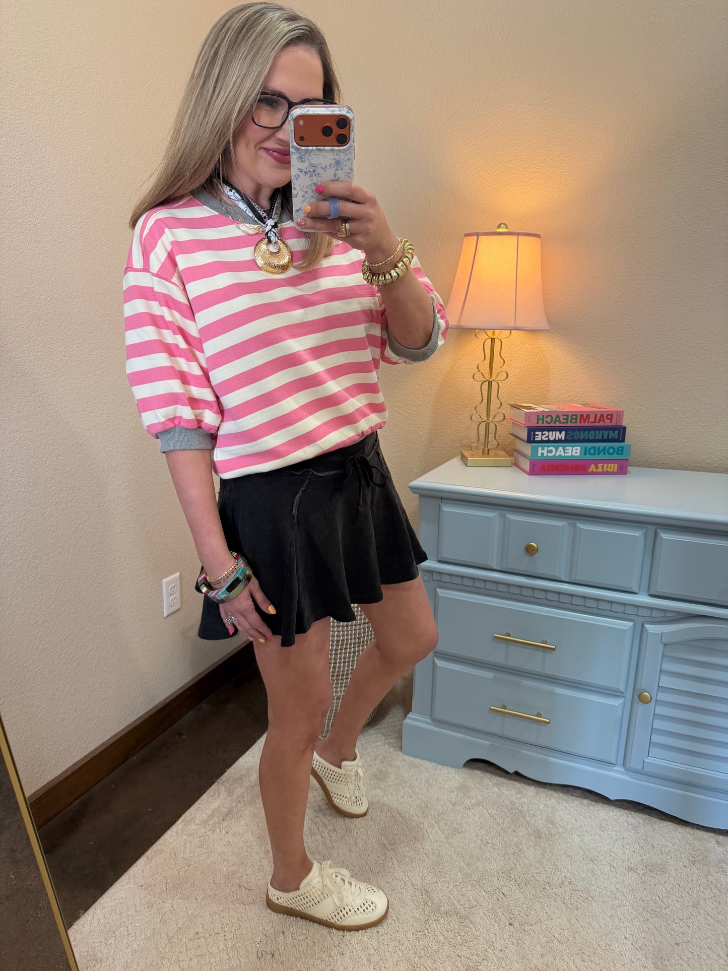 Black Acid Washed Mid Waist Flowy Skort