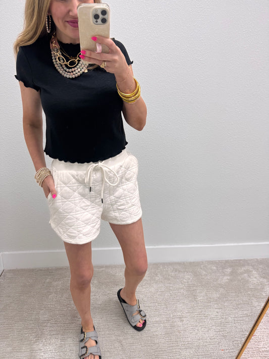 White Quilted Drawstring Shorts