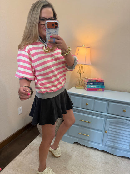 Pink Stripe Round Neck Bubble Sleeve Top