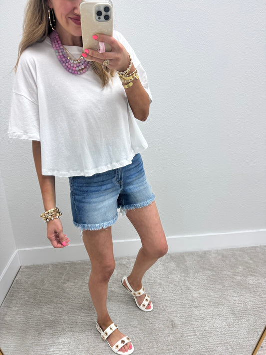 White Cropped Round Hem Shirt