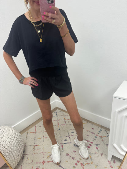 Black High Waisted Band Fold Over Shorts FS