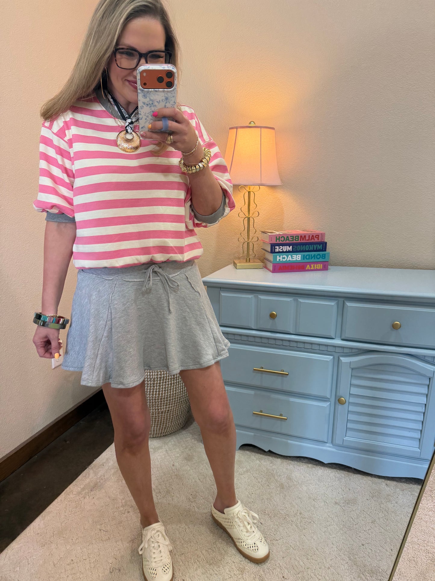 Pink Stripe Round Neck Bubble Sleeve Top