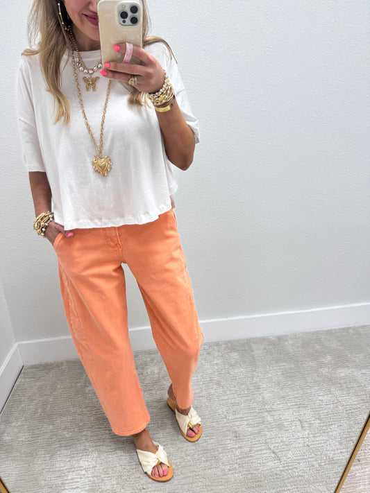 Risen Coral Peach High Rise Relaxed  Barrel Jean