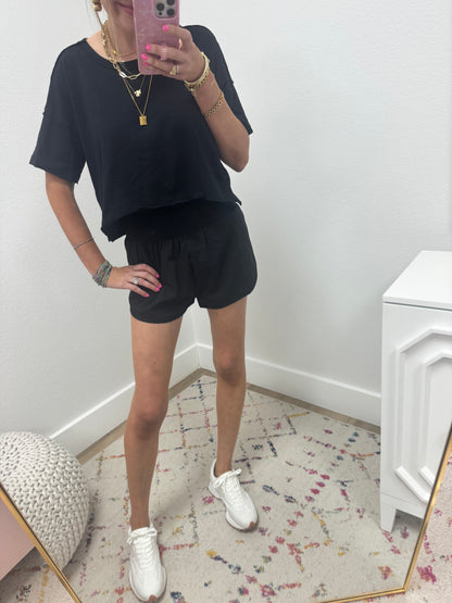 Black High Waisted Band Fold Over Shorts FS