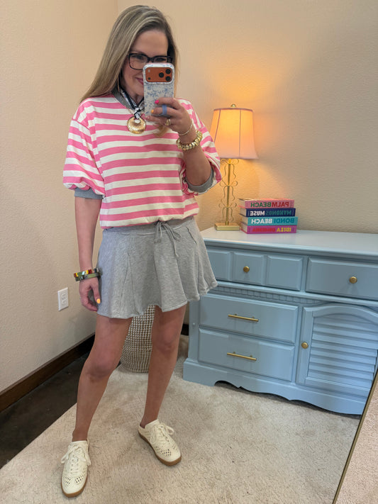 Pink Stripe Round Neck Bubble Sleeve Top