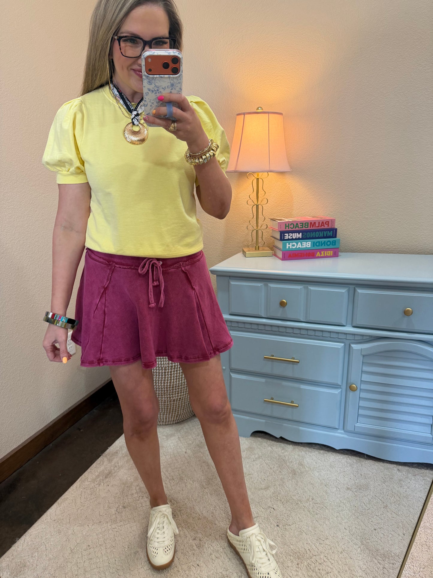 Yellow Puff Sleeve V-stitch Crew Neck Top