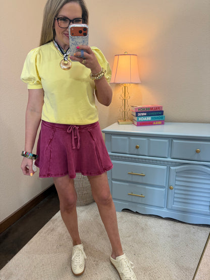 Yellow Puff Sleeve V-stitch Crew Neck Top