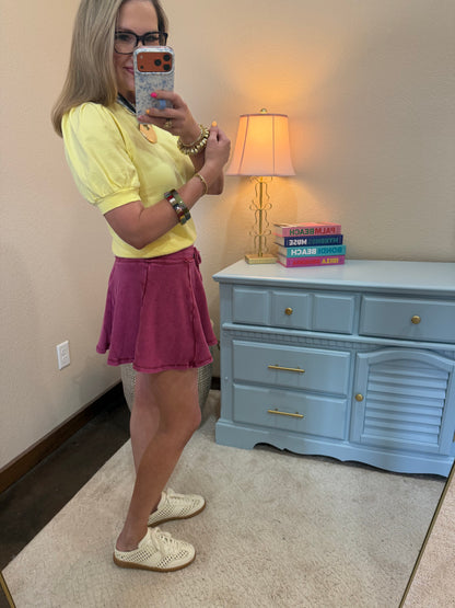 Yellow Puff Sleeve V-stitch Crew Neck Top