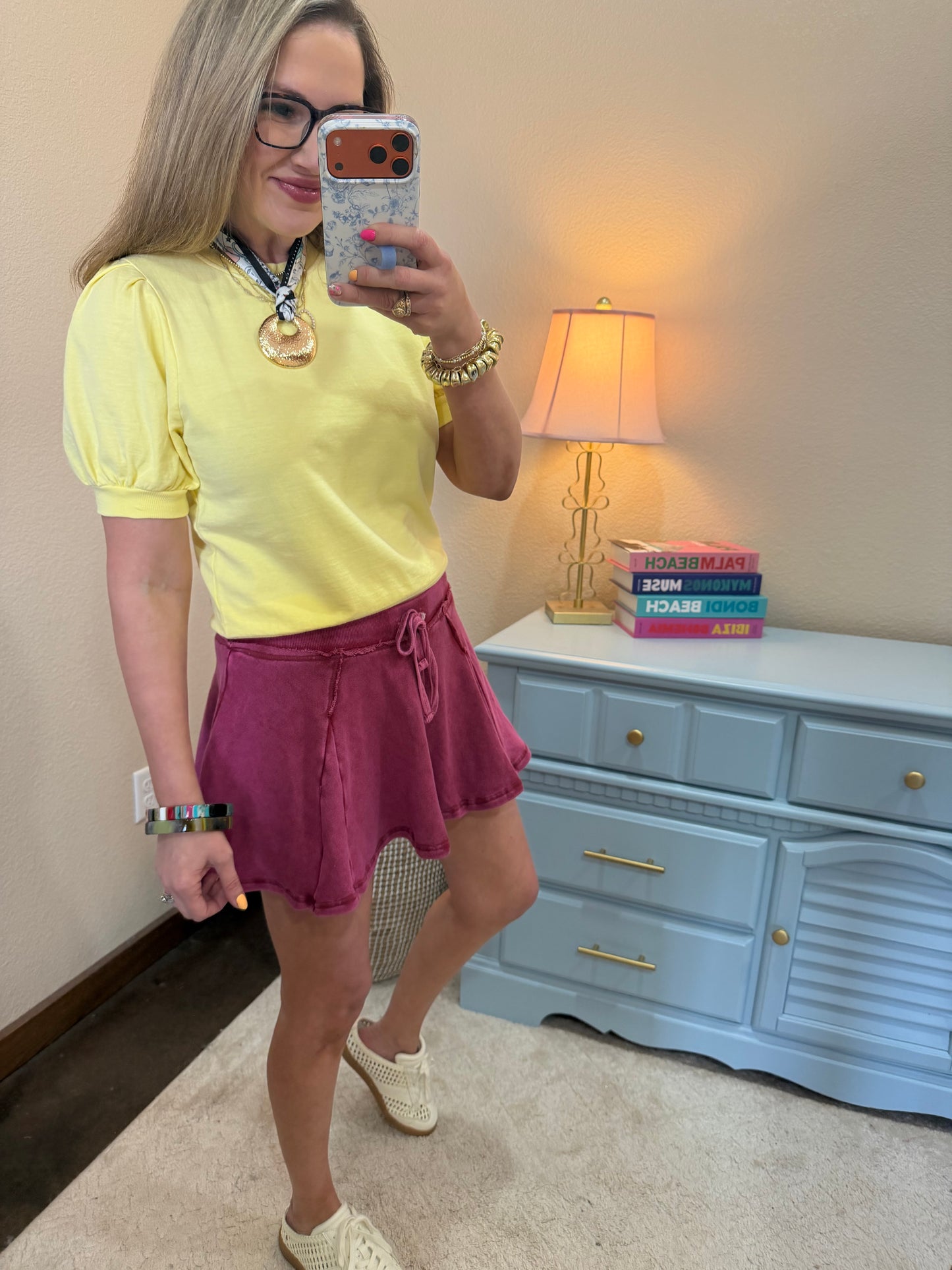 Yellow Puff Sleeve V-stitch Crew Neck Top