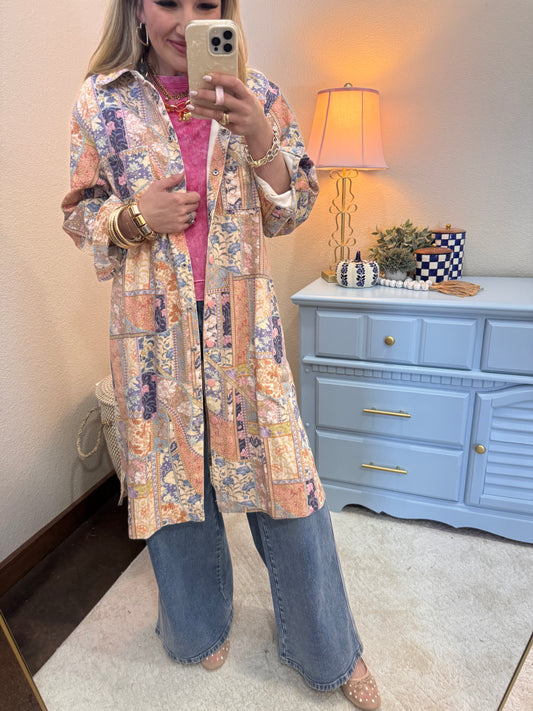 Floral Washed Long Shirt Jacket Shacket