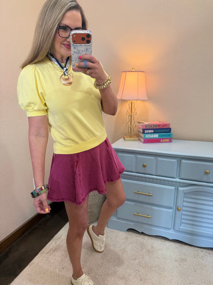 Dark Red Acid Washed Mid Waist Flowy Skort