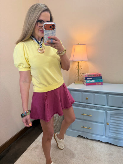 Yellow Puff Sleeve V-stitch Crew Neck Top