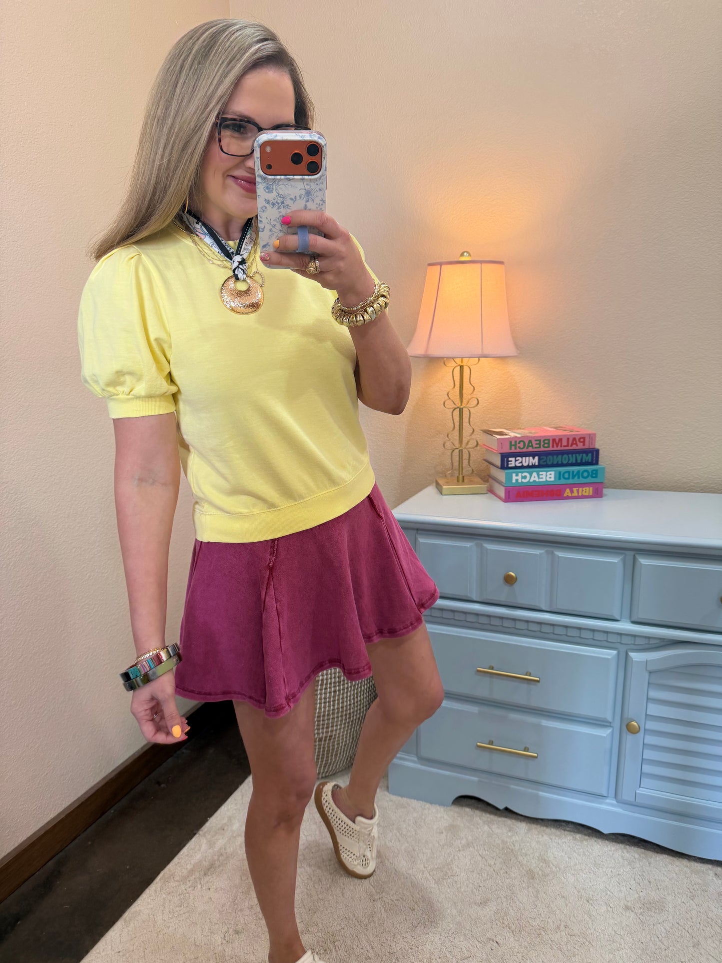 Dark Red Acid Washed Mid Waist Flowy Skort