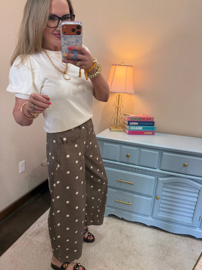 Brown Polka Dot Wide Denim Pants