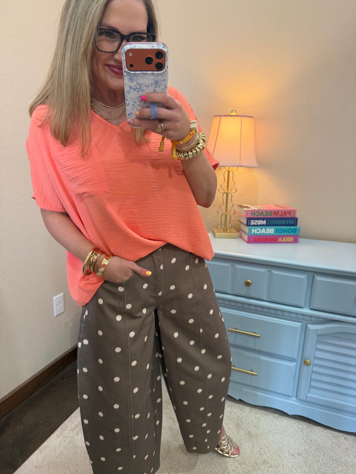 Brown Polka Dot Wide Denim Pants