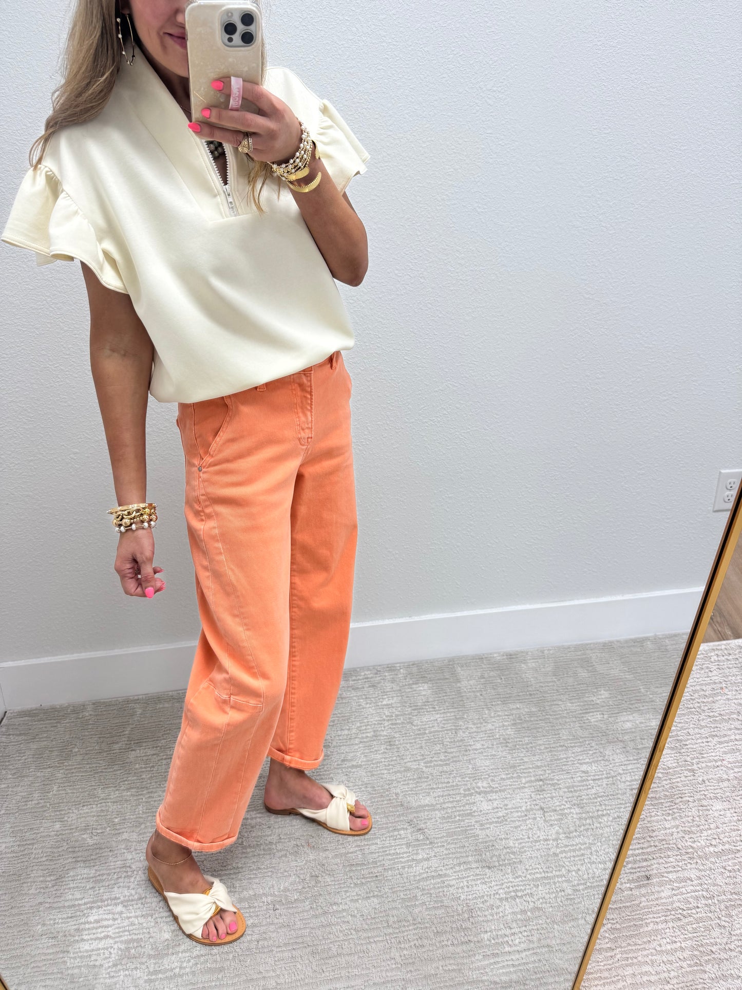Cream Scuba 1/4 Zip Ruffle Sleeve Top