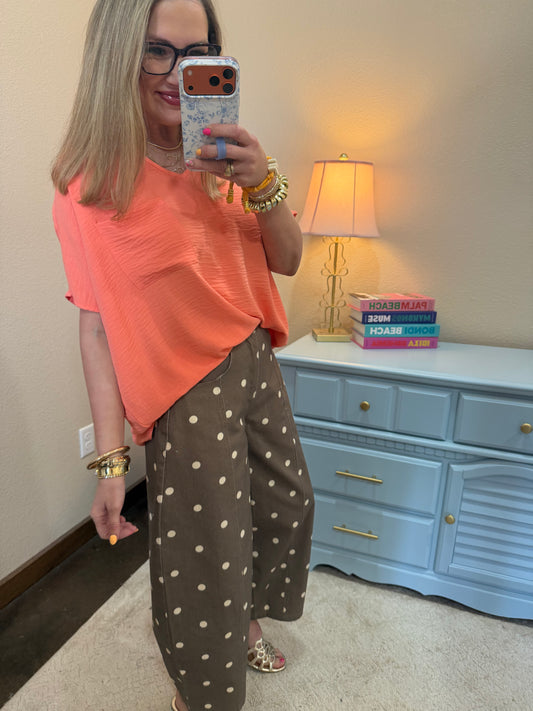 Coral Crinkle Texture V-Neck Top with Pocket